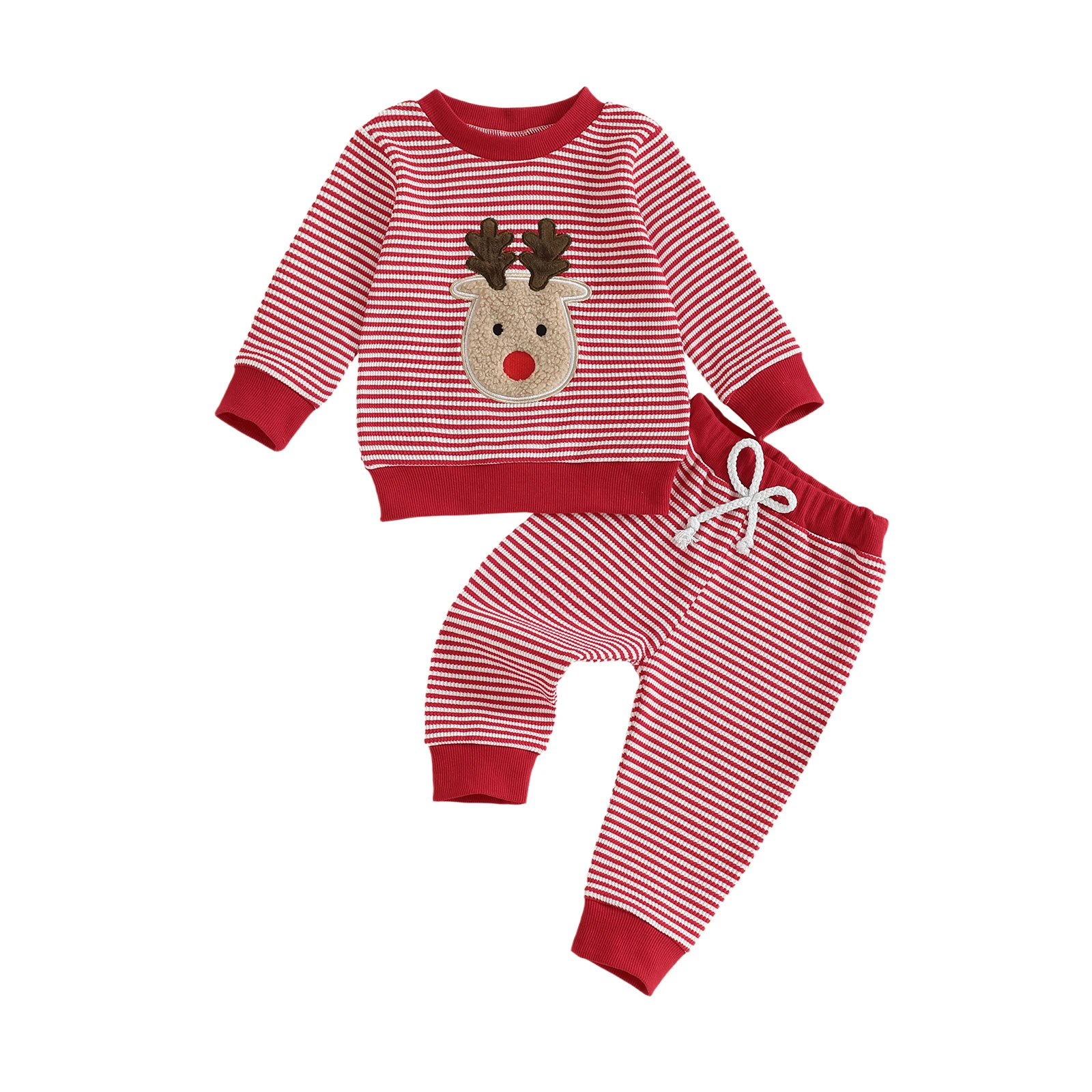 

Cute Infant Holiday Set with Festive Reindeer Design Cozy Striped Top and Stretchy Pants for Christmas Fun