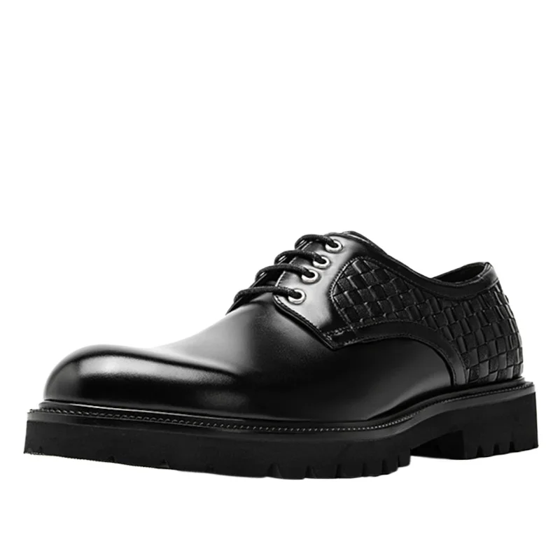 Genuine Leather Breathable Lightweight Sole Comfortable Leather Shoes For Men's Thick Platform Woven Element Design Derby Shoes