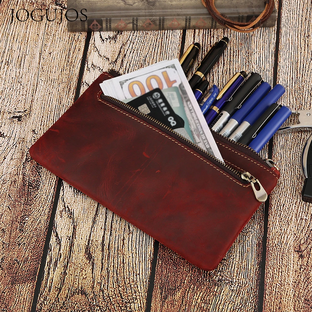 JOJUJOS Vintage Genuine Leather Coin Purse Wristlet Zipper Wallet Women Men  Mobile Phone Bag Storage Stationery Bag