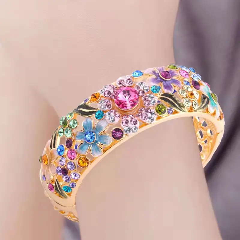 Fine Cloisonne Enamel Multicolor Wide Bangles Half Rhinestone Flower Spring Hinged Cuff Bracelets Handcrafted Jewelry Women Gift