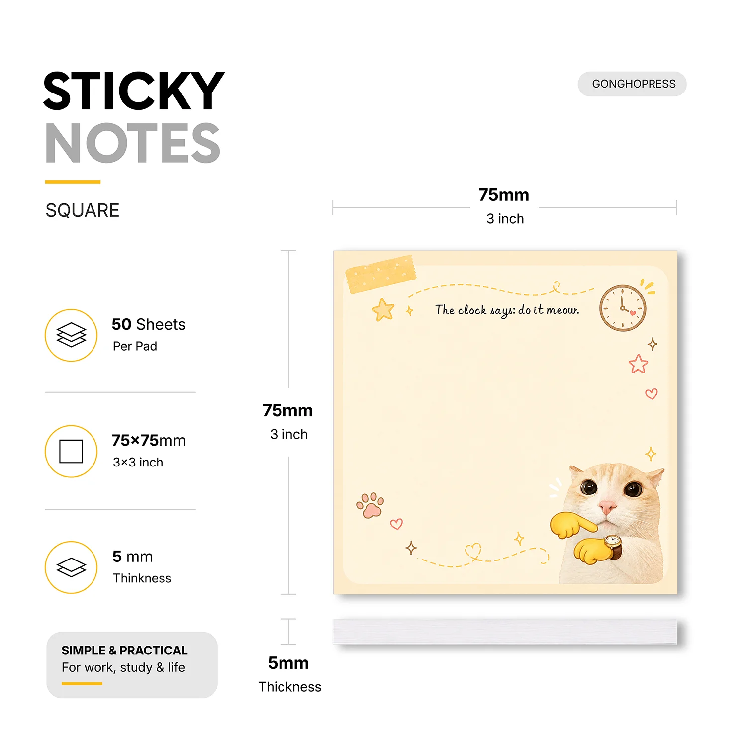 2pcs Cute Cat Sticky Notes, 100 Sheets Total Self Stick Memo Pads, Kawaii Cat Notepad, Removable Note Pads for To Do List