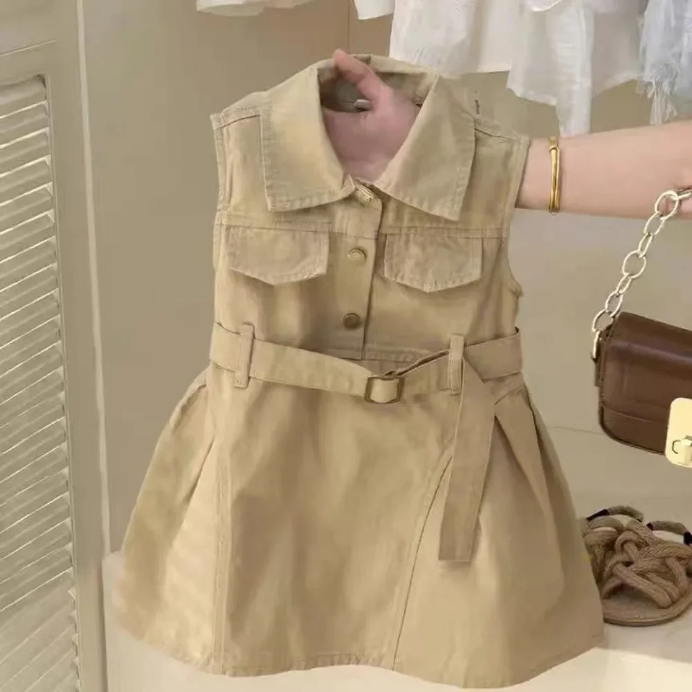 Bear Leader Fashion Girls Windbreak Dresses Summer Sleeveless Work Outfits with Waistband Solid Color Kids Clothes image 3