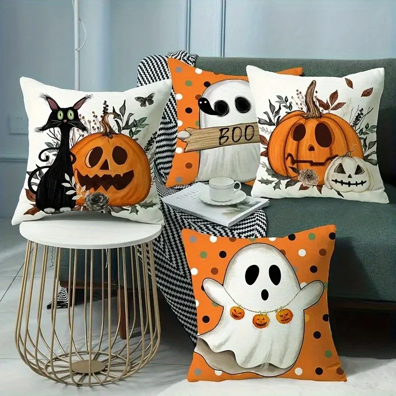 

4 pieces, double-sided printing, 2D flat printing, Halloween-themed throw pillow cover with soft short plush fabric, available