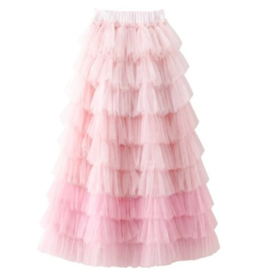 Girls Gradient Pink Tiered Tulle Skirts Kids Long Cake Tutu Skirt Princess Fluffy Mesh Half Skirt for Birthday Party Daily Wear