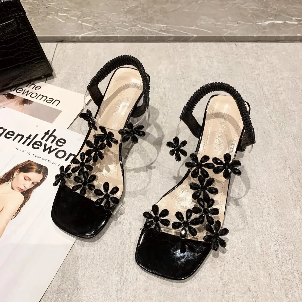 Women Sandals 2024 Summer Pvc Crystal Flower Chunky Heel Peep Toe Back Strap Elastic Elegant Fashion Shoes Ladies Zapatos