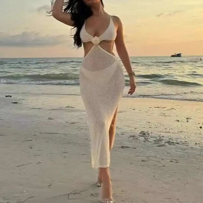 Nuevo 2025 verano Sexy cuello en V hueco tejido Floral Patchwork sin mangas ajustado Vestido de playa sin espalda Split cubrir trajes de baño