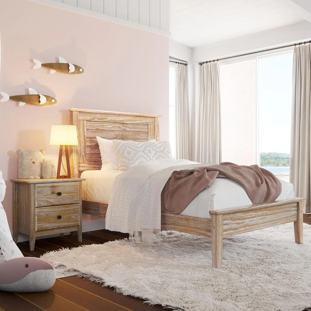 Wood Furniture Solid Wood Platform Bed, Twin Size, Brushed Driftwood