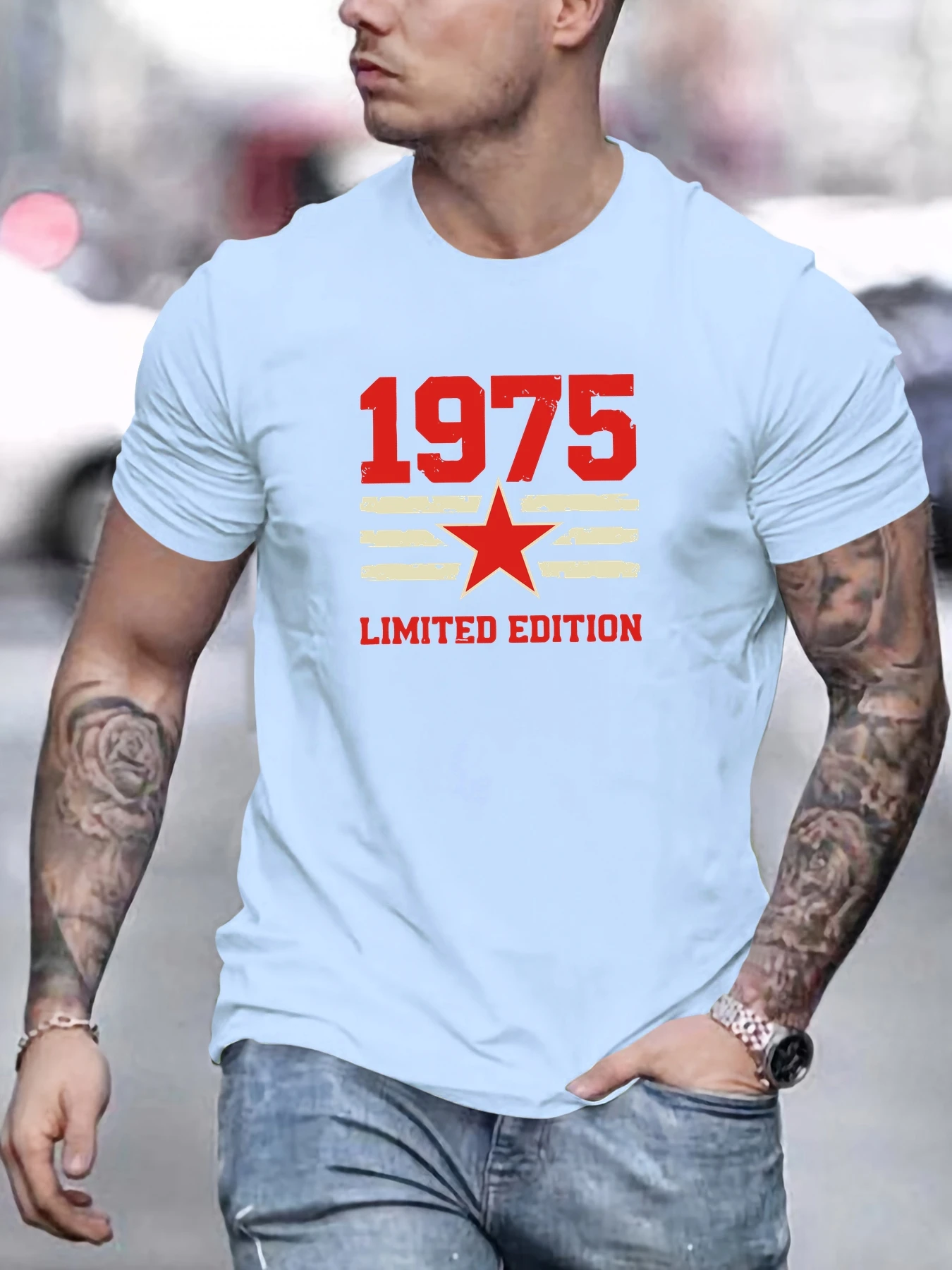 Men's T-Shirt 2025 New Arrival Vintage Chic 1975 Limited Edition Red Star Striped Retro Print Stylish Top Daily Casual