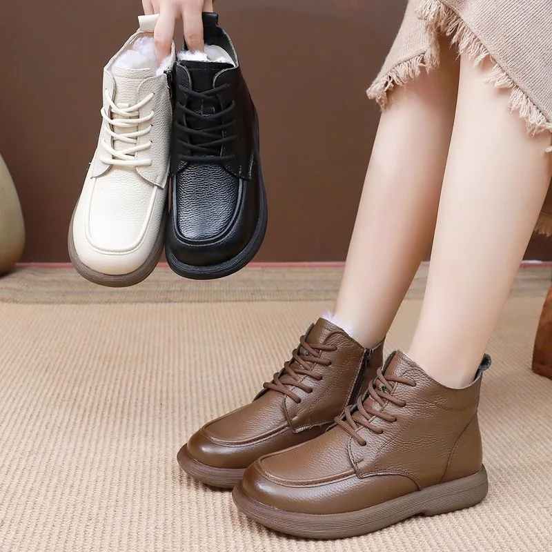 

Women's Boots eep Top Layer Cowhide Soft Leather Flat Bot Warm Cotton oes Winter Casual Retro oes 22