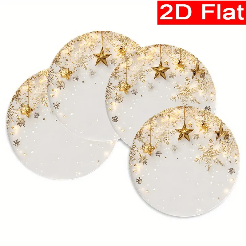 VIKAMA Linen Round Placemats, White Gold Snowflake Star Design, Washable Stain Resistant Easy Clean, Winter Dining Decor