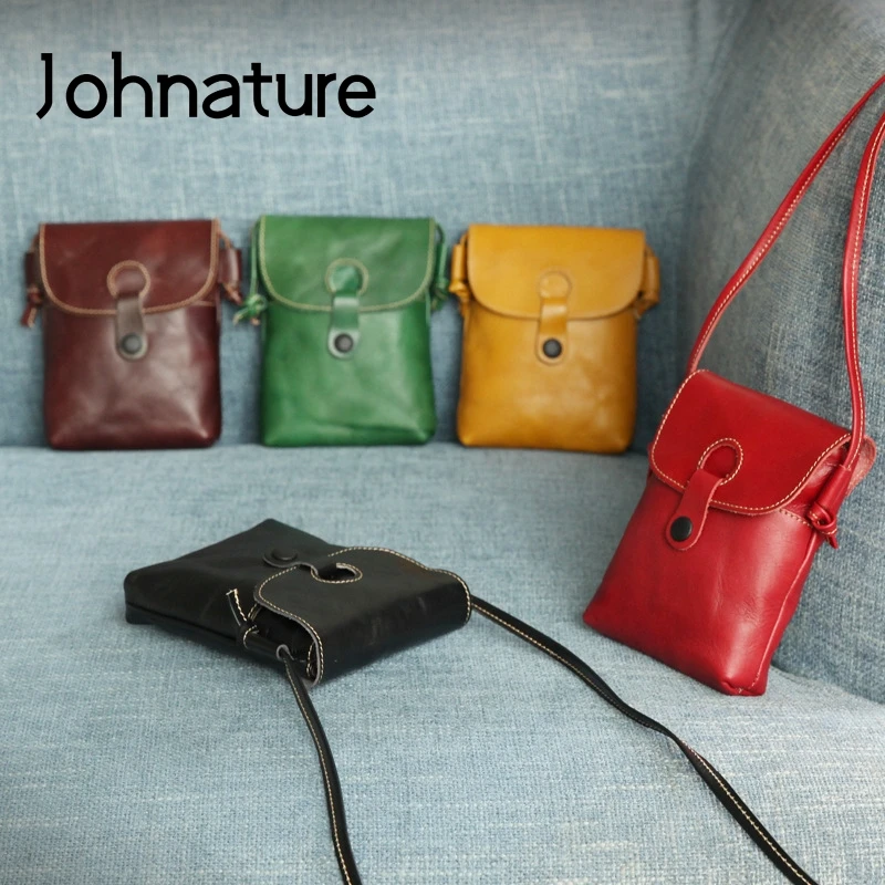 Johnature Ladies Bags 2024 New Genuine Leather Handmade Women Shoulder Bags Vintage Cowhide Solid Color Mobile Phone Bag