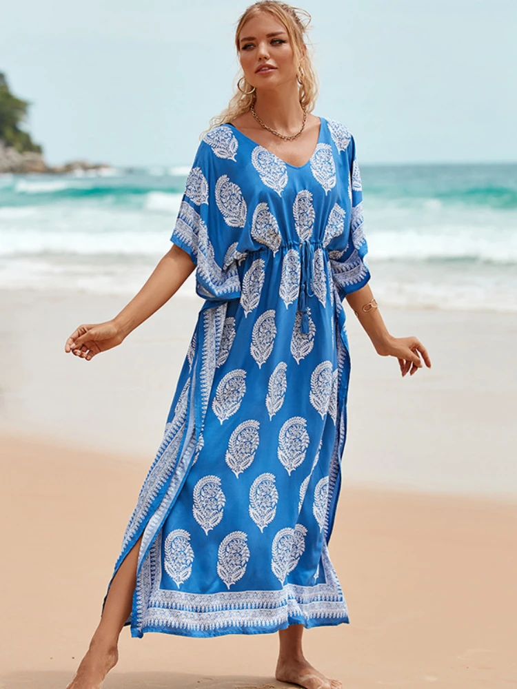Beach Cover Up Geometric Printed Kaftans for Women Slim Waist Short Sleeve Bathing Suits Maxi Dresses Tunic Seaside Beachwear