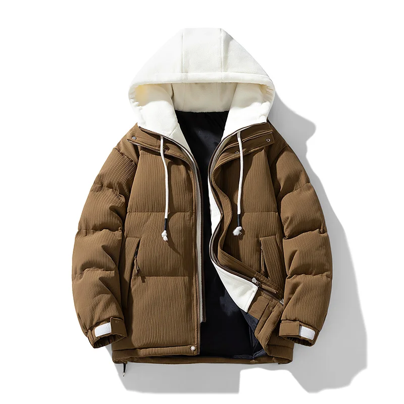 New Korean Version Winter Men'S Trendy Fake Two-Piece Color Blocked Cotton Jacket Loose Casual Thick And Warm Hooded Cotton Coat