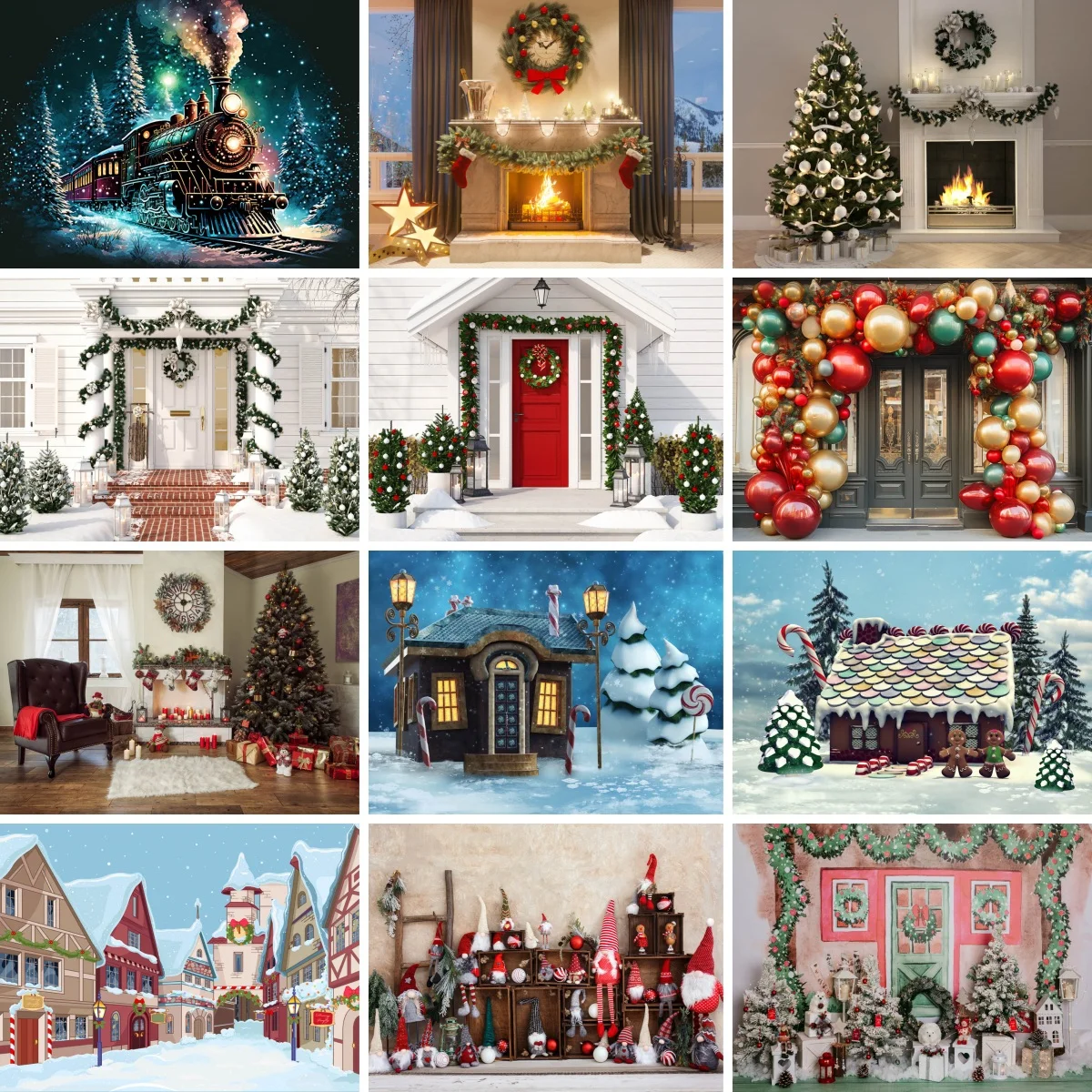 

Christmas Backdrop Xmas Tree Gift DecorGingerbread House Snow Photography Background Family Portrait Photoshoot Photo Prop Booth