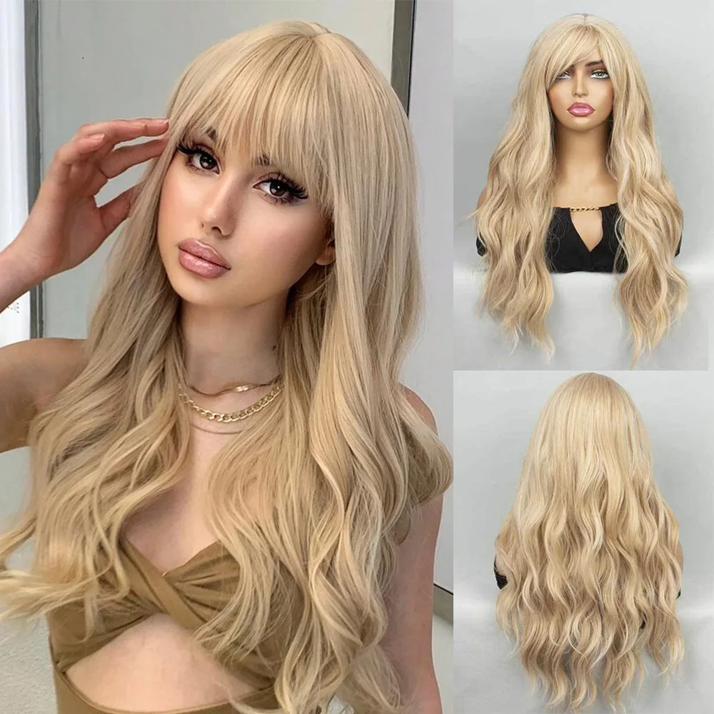 

Светлые парики для женщин, длинные вьющиеся волнистые синтетические парики 28 дюймов с челкой, термостойкие парики для косплея, вечерние парики