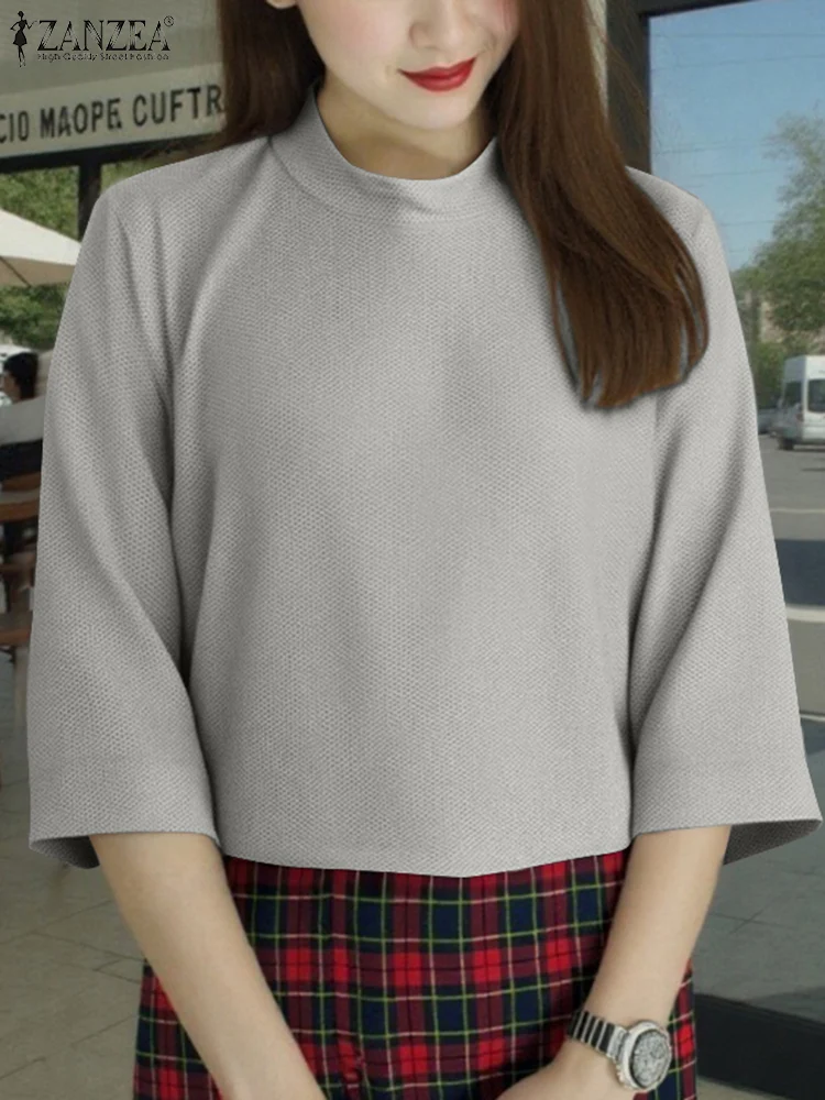 

2025 ZANZEA Summer Blouse Women Fashion 3/4 Sleeve Solid Color Tunic Tops Elegant Office OL Shirts Half High Collar Loose Blusas