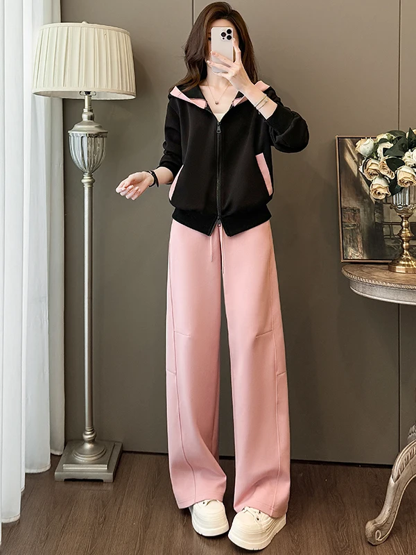 

Chic Korean Style Casual Sports Set Women's Pink Wide Leg Pants Two Piece Suit Spring Fashion Anti Aging Jacket Top
