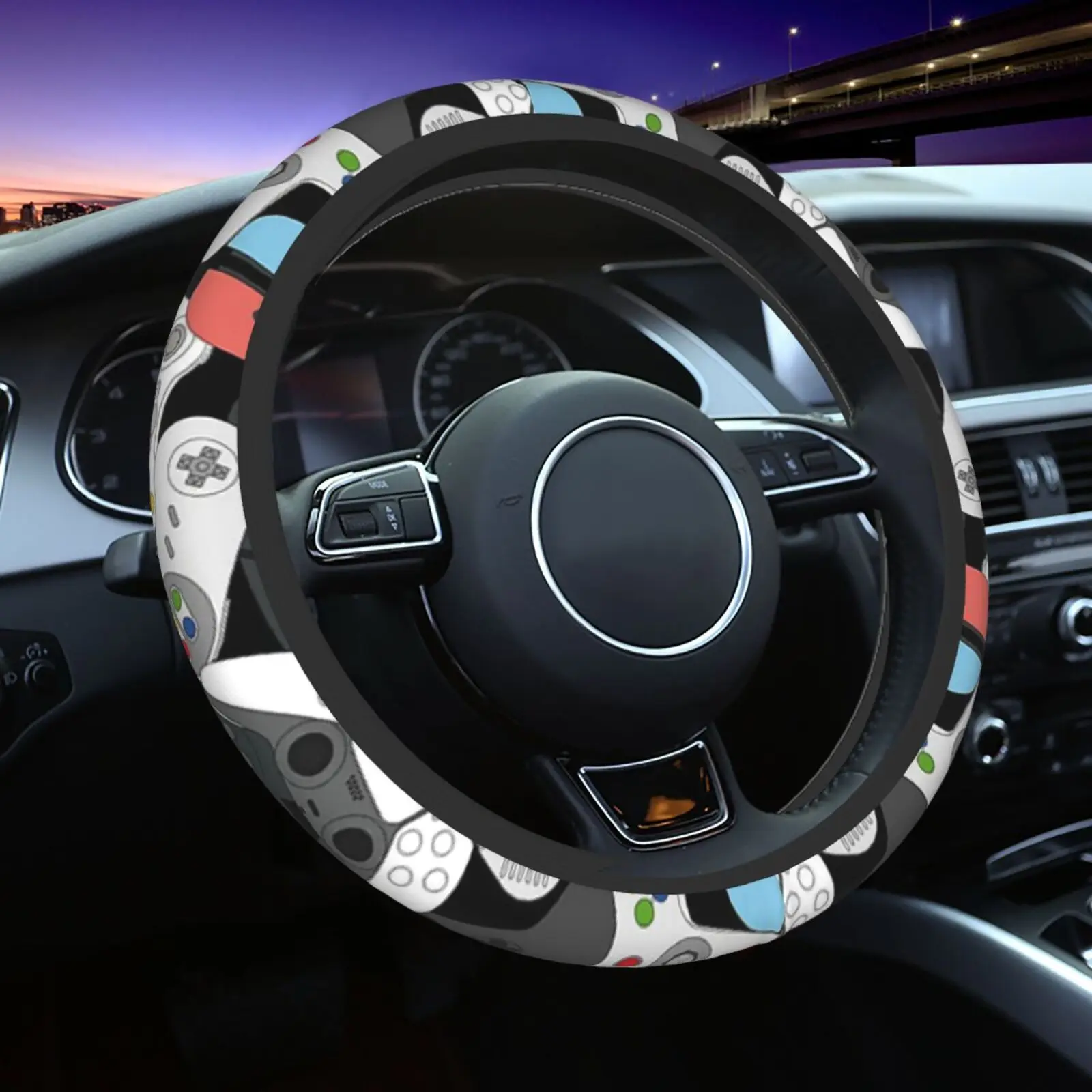 Funny Video Game Gamer Gift Graphic Car Steering Wheel Cover Car Covers Suite Elastic Design Auto Accessories for 14.5-15Inches