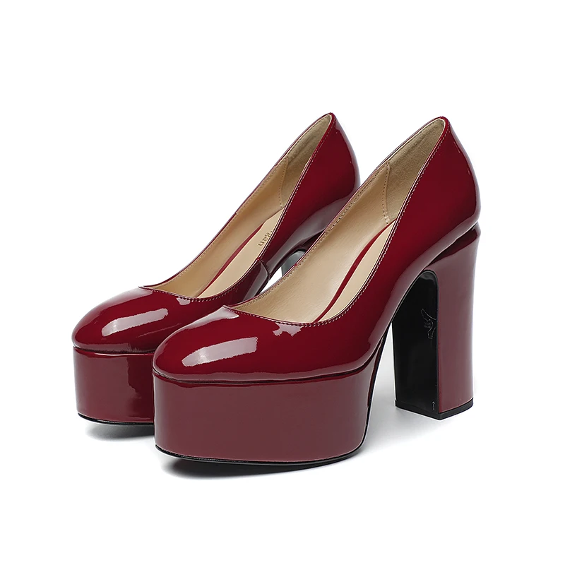 

Women's High Heel Lacquer Leather Water Platform Round Toe Single Shoe Banquet Party Thick Heel Genuine Leather High Heel Shoes