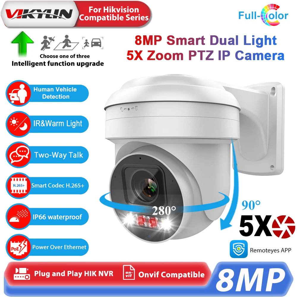 Vikylin 8MP 5xZoom Hikvision Compatibl PTZ IP Camera Two-way Audio Smart Dual-light MD2.0 Alarm Outdoor CCTV PoE Security Camera