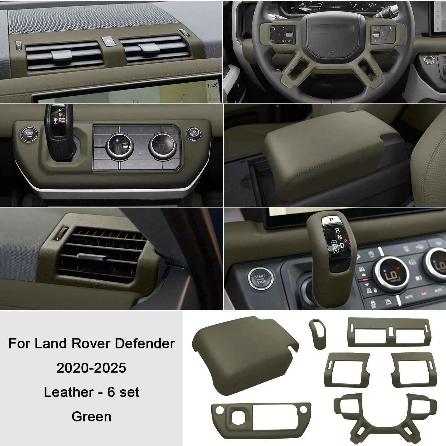 Car Color Leather Overlays on Steering Wheel, Armrest, Gears, Shift Panel Cover for Land Rover Defender 110/130/90 2020-2025 view 5