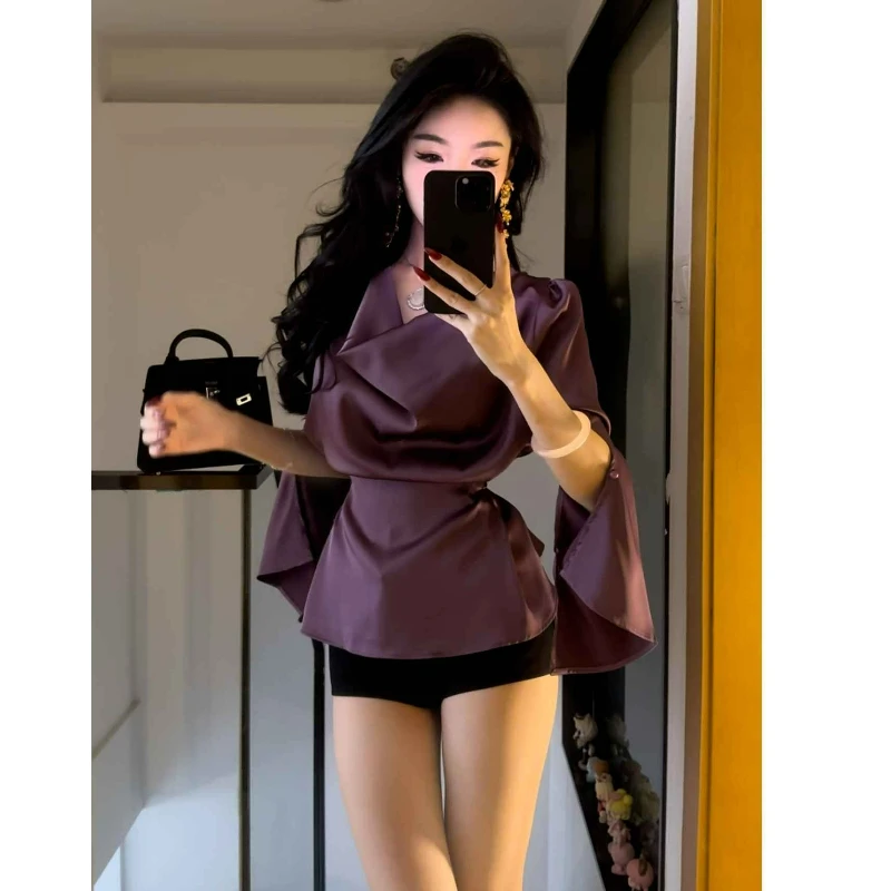 

Новая высококачественная элегантная утягивающая рубашка с длинными рукавами для женщин, весенняя мода 2026, крутой топ с распашным вырезом, тонкая солнцезащитная рубашка