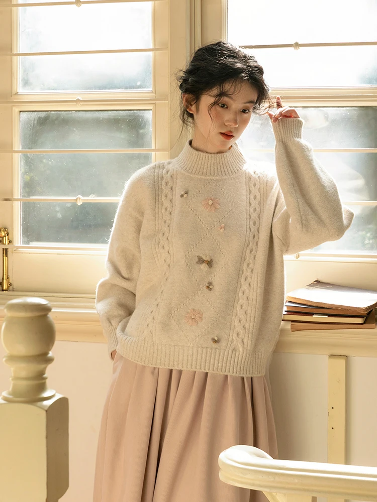 

Nesoulum Handmade Heavyweight f High Collar Sweater Women's Winter Vintage Overhead Lazy Sle Top Warmth Heating Long Sve