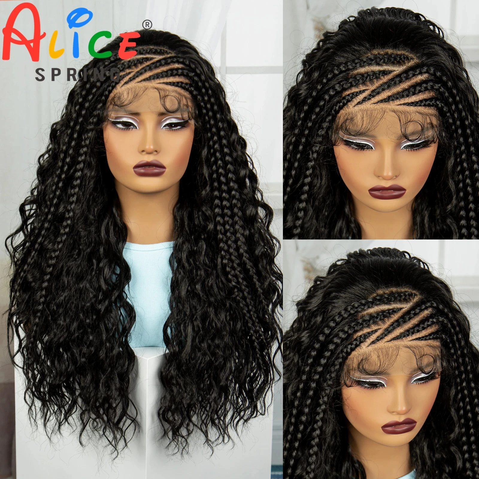 Perucas trançadas sintéticas para mulheres negras, onda de água natural, tranças de renda, encaracolado, sem nós, cabelo do bebê, 26"