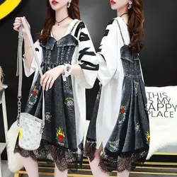 Stilvolle Gedruckt V-ausschnitt Midi Kleid Sommer Lose Kurzarm Weibliche Aushöhlen Elegante Spitze Patchwork Beiläufige Gerade Kleider Neue