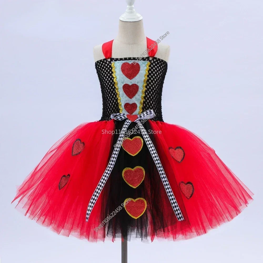 Tutu Red Queen of Hearts Costumes Girls Alice in Wonderland Fancy Dress Kids Carnival Halloween Outfit With Crown Magic Stick