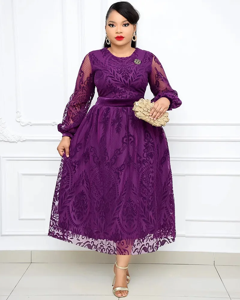 

Dresses Women Flocking Double layer lace Embroidery Dresses 2024 New Lady Elegant Round Neck Lantern Sleeves A-Line Dress