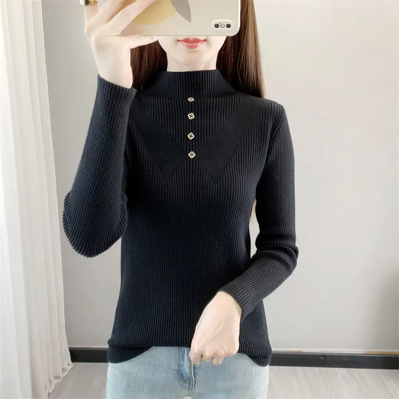 

Knitted Women's Clothing Half High Collar Rivet Screw Thread Solid Color Pullover Long Sleeve Sweater Autumn Winter Stylish Tops