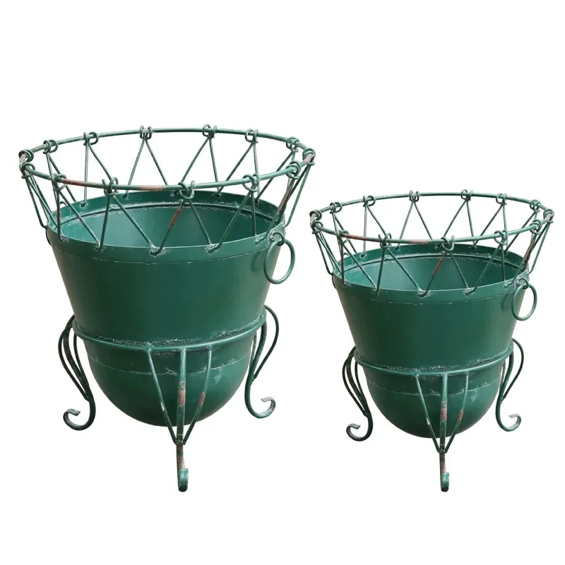 

Vintage Distressed Iron Wire Basket Plant Stand, Green, Set of 2, Rustic Style with Scrolled Legs