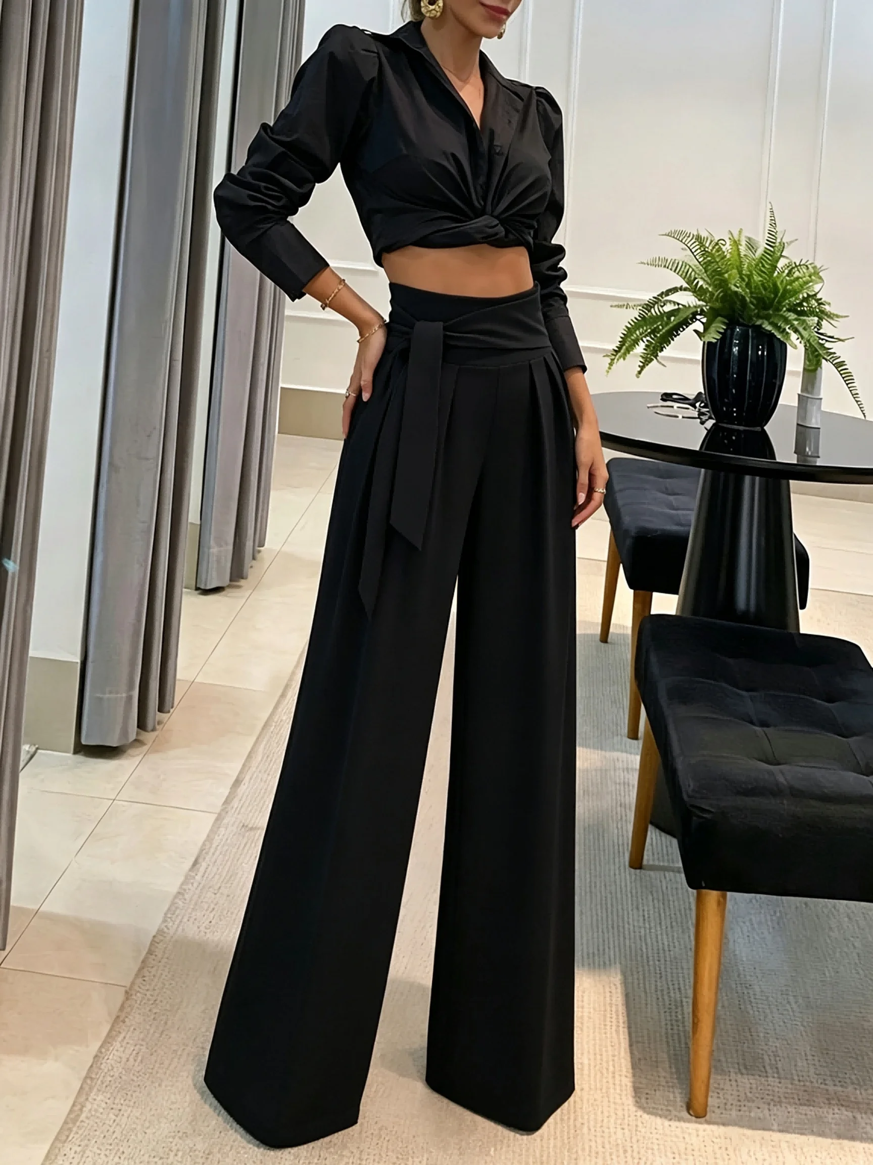 Neue Damen-Hosen mit weitem Bein, für Büro, Arbeit, formelle Anlässe, Frühling und Herbst, schwarze Hosen mit hoher Taille und Wickeldetail, für den täglichen Gebrauch und als Streetwear. – Detail 2