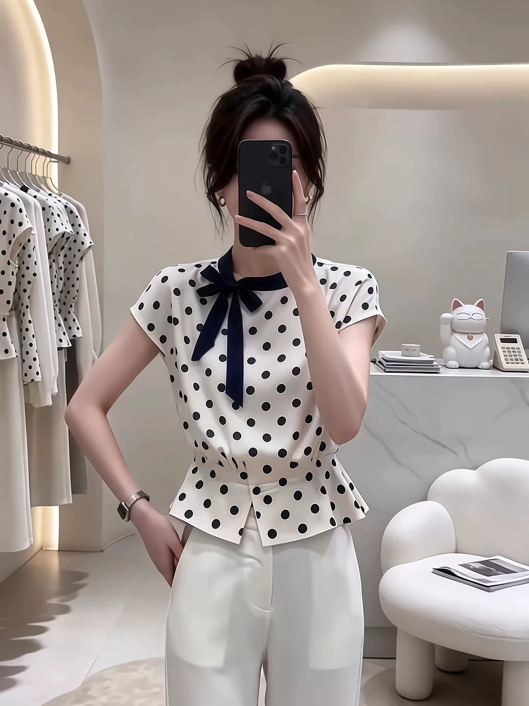 

White Casual Polka Dot Bow Tie Short Sleeve Shirt Women Slimming Top Summer New Style Korean Style round Neckline No Pocket