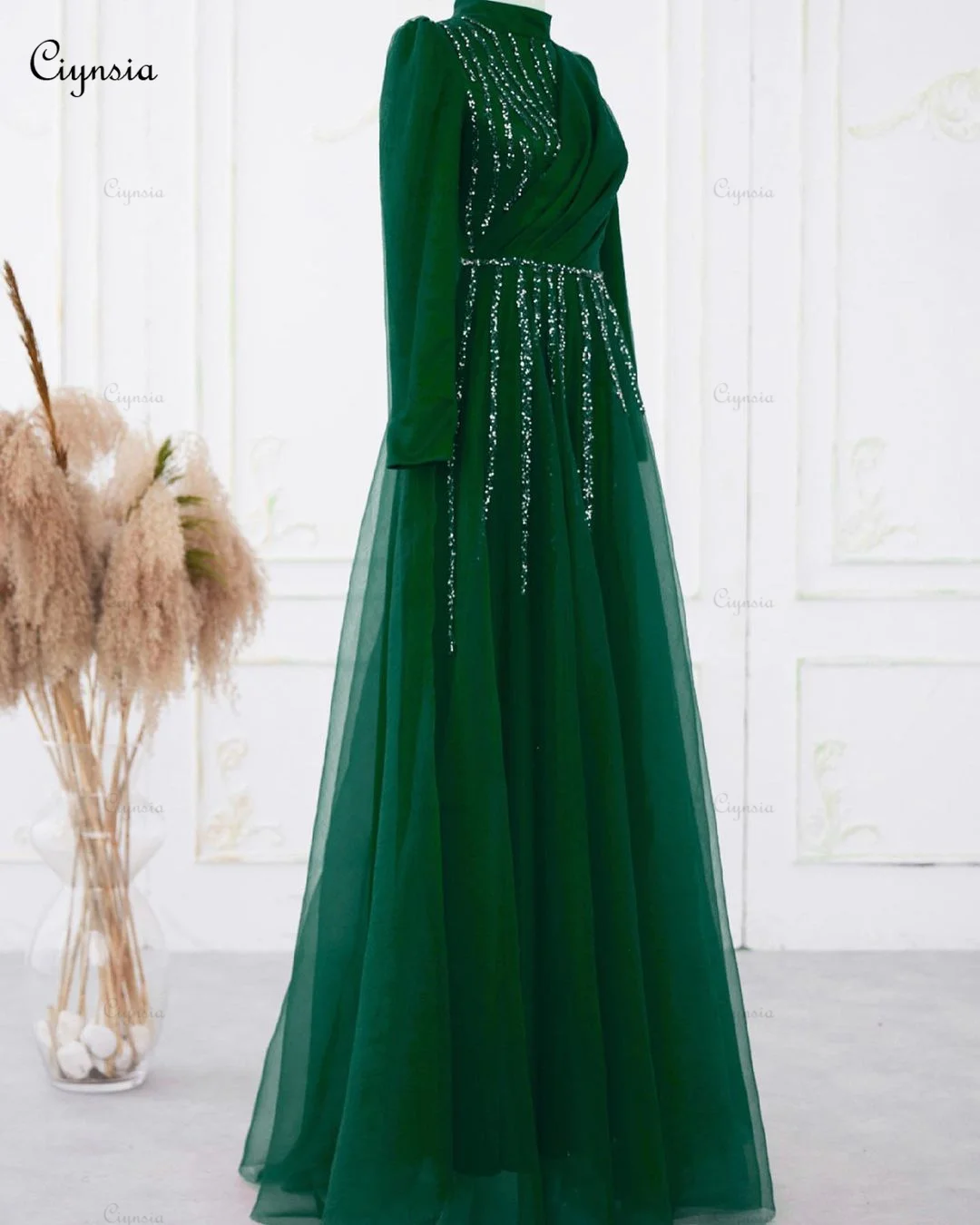 Ciynsia Muslim Hijab Islamic Evening Dress Full Sleeve Green Formal Party Gown A-Line Tulle Beaded Arabic Kafan Robe De Soiree