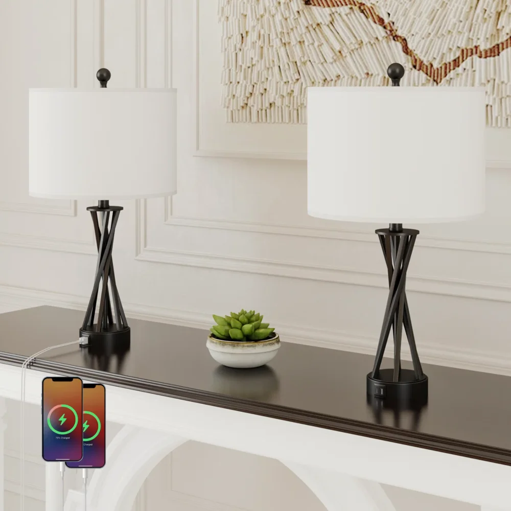 24" Black Metal Table Lamp Set of 2, USB-C Port Bedside Light with Linen Shade, Modern Charging Lamp for Bedroom Office Desk (Bulb Excluded)