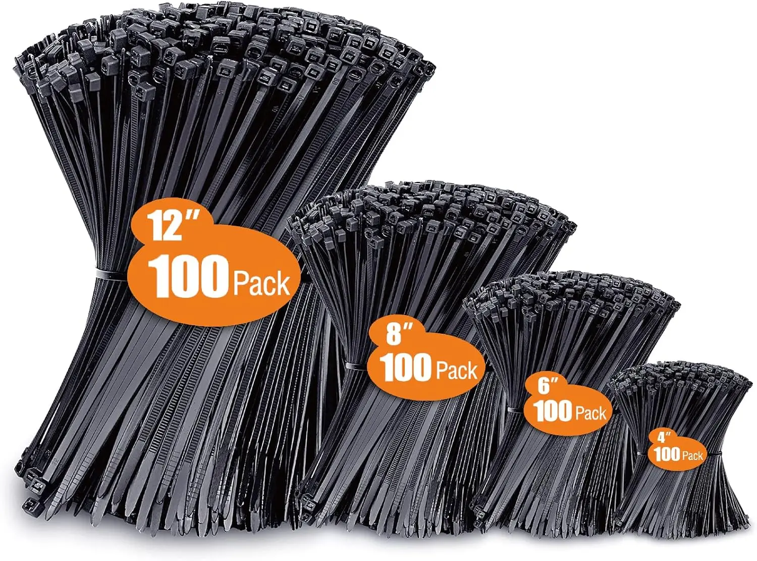 

400 Pack Black UV Resistant Cable Ties, Assorted Sizes 4" 6" 8" 12", Wire Ties for Secure Fastening