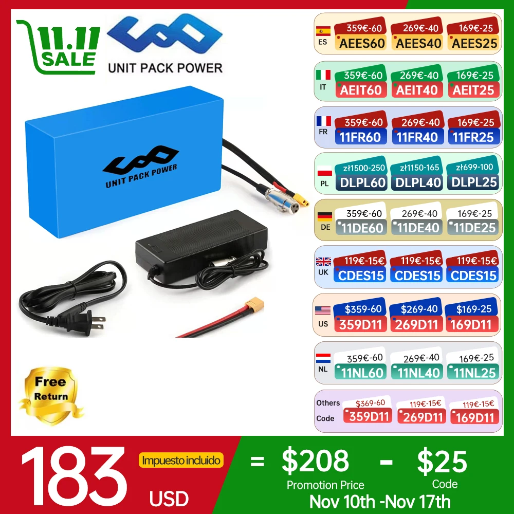 Ebike EScooter Battery 52V 48V 20Ah 24Ah Electric Bicycle Battery Lithium Pack for 1500W 1000W 750W 500W 350W Motor