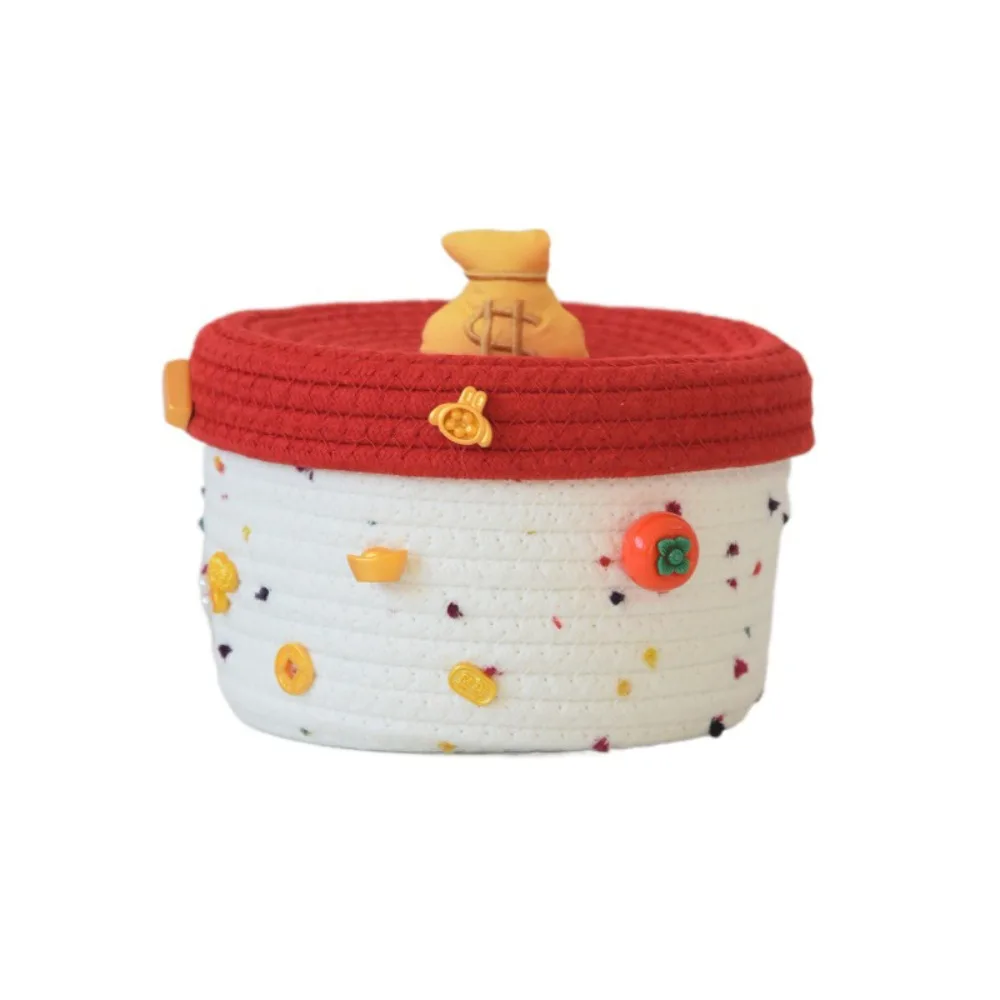 

Handmade New Year Storage Basket Cartoon Decorative Cotton Rope Basket Blessing with Lid Desktop Storage Box Bedroom