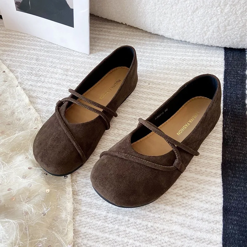 TRAF Sandalias planas lisas de gamuza para mujer, zapatos de otoño con correa fina y dulce, nueva cabeza redonda, punta cerrada, boca poco profunda, zapato informal para mujer