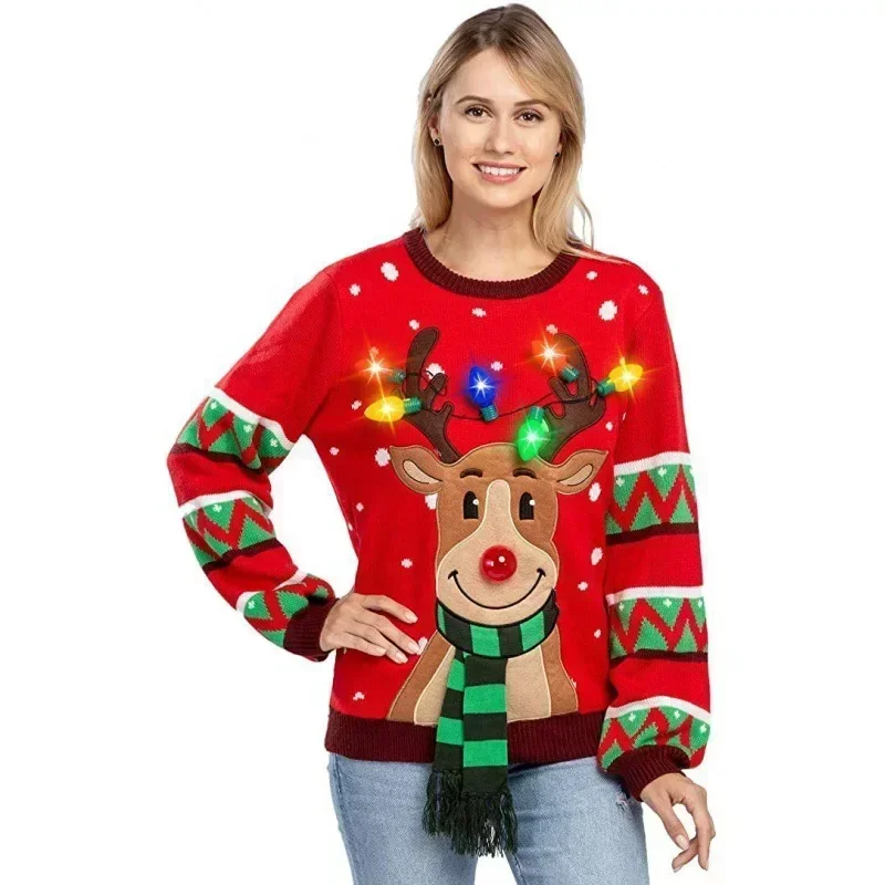 2024 Christmas Elk Knitted Sweater, Novel Christmas Atmosphere Sweater with LED Lights