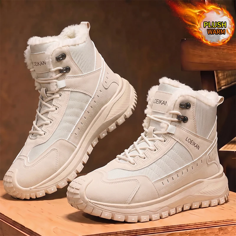 Men High Top Winter Fleece Shoes, Thick Plush Lining, Anti-slip Sole, Lace-up, Multi Colors for Hiking & Snow