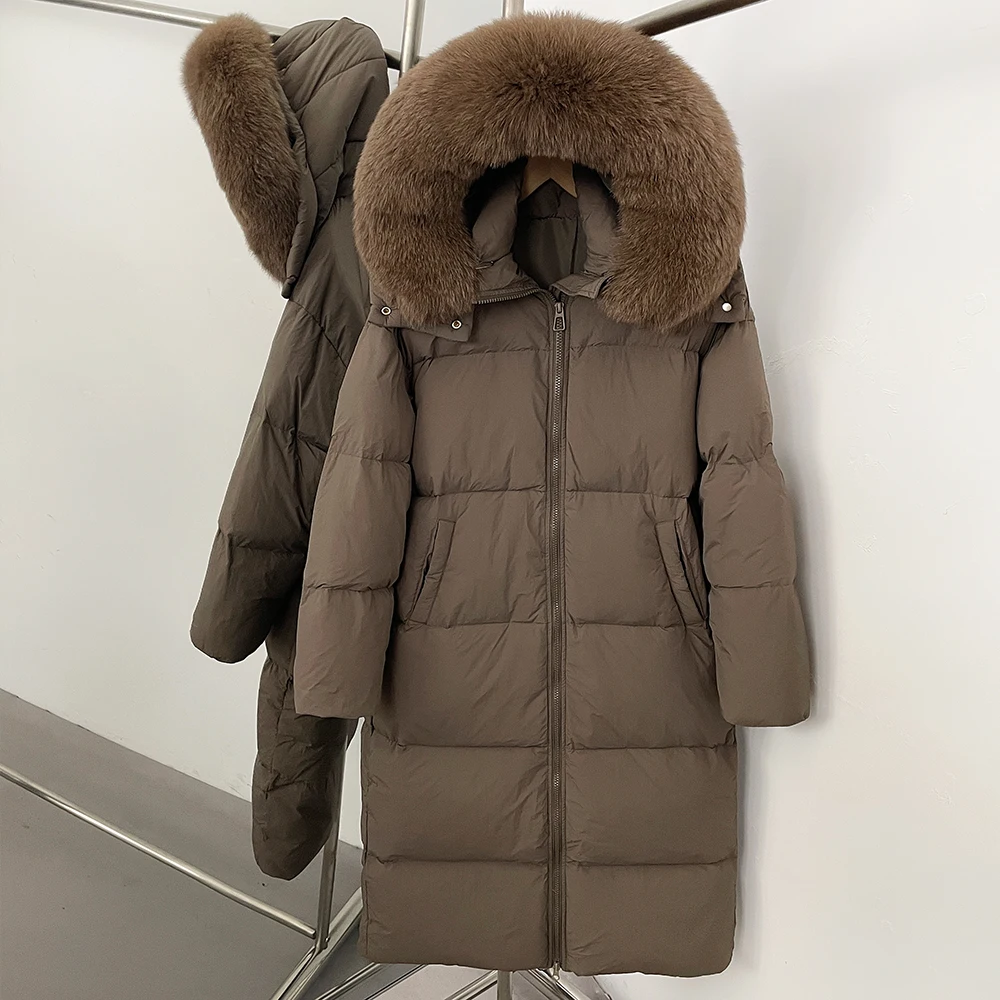 Women's Long Down Jacket with Natural Fur Collar Winter Warm Hooded Slim Fit Coat Lightweight Thermal Windproof Outdoor Overcoat