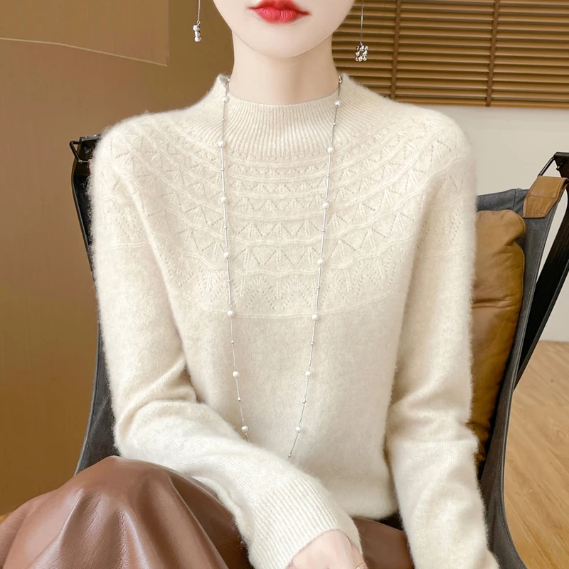 

Autumn And Winter Women's Pure Wool Semi-High Neck Pullover, Korean-Style Fashionable Long-Sleeved Sweater - WQ003