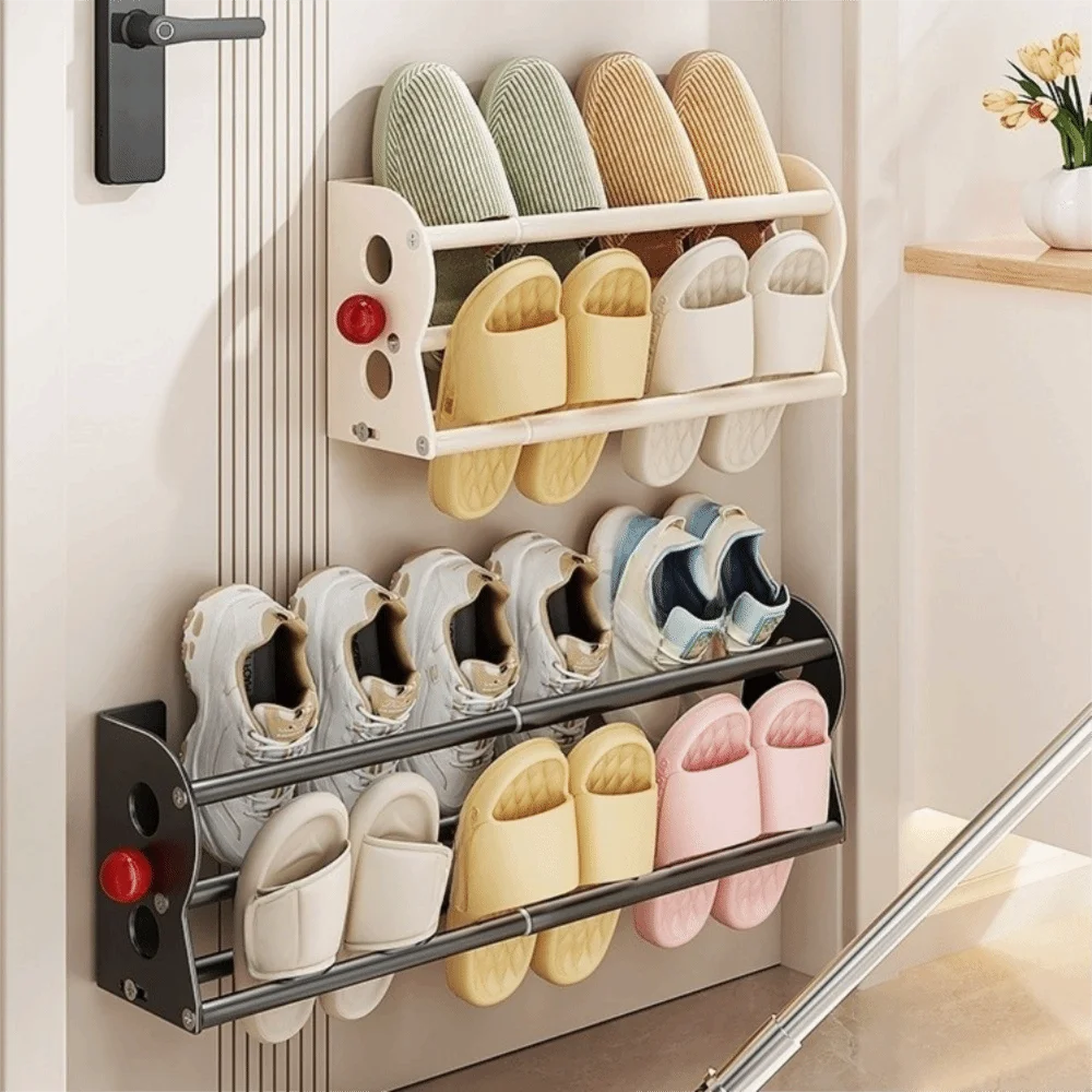 Steel Magnetic Slipper Rack No Drill Expandable Double Layer Shoe Rack Drain Space Saving Bathroom Slipper Holder Toilet