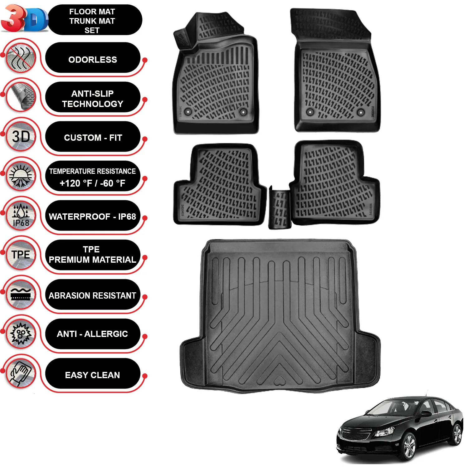 Chevrolet Cruze - (2009-2016) - Floor Mats + Cargo Trunk Liner - SET - (Black)