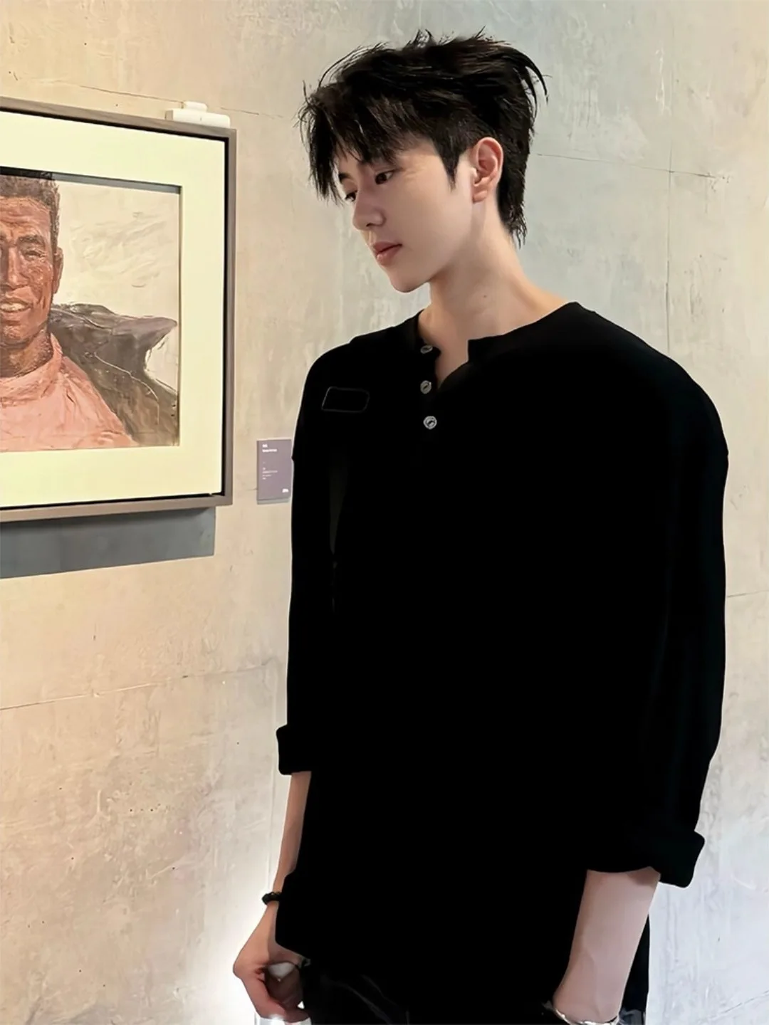 

Мужская трикотажная футболка-хенли свободного кроя с длинным рукавом в корейском стиле, базовая модель для осени и зимы