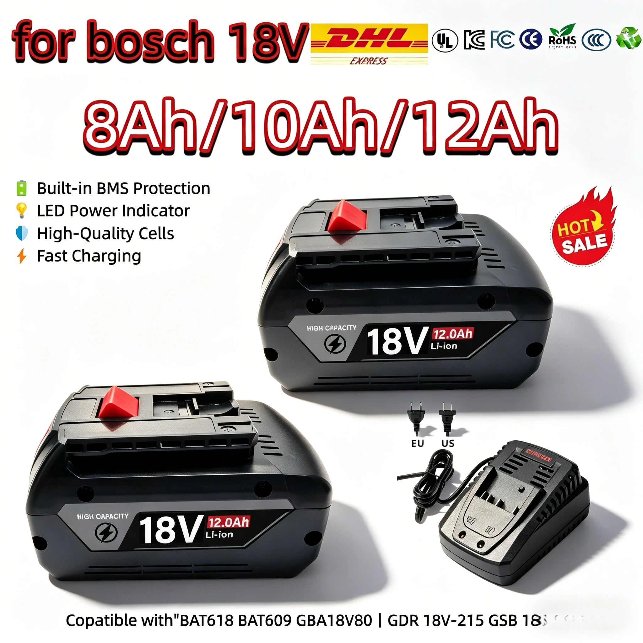 

For Bosch 18V Battery 8Ah 10Ah 12Ah BAT618 BAT609 GBA18V80 for GDR 18V-215 GSB 185-LI EU Stock with BMS protection