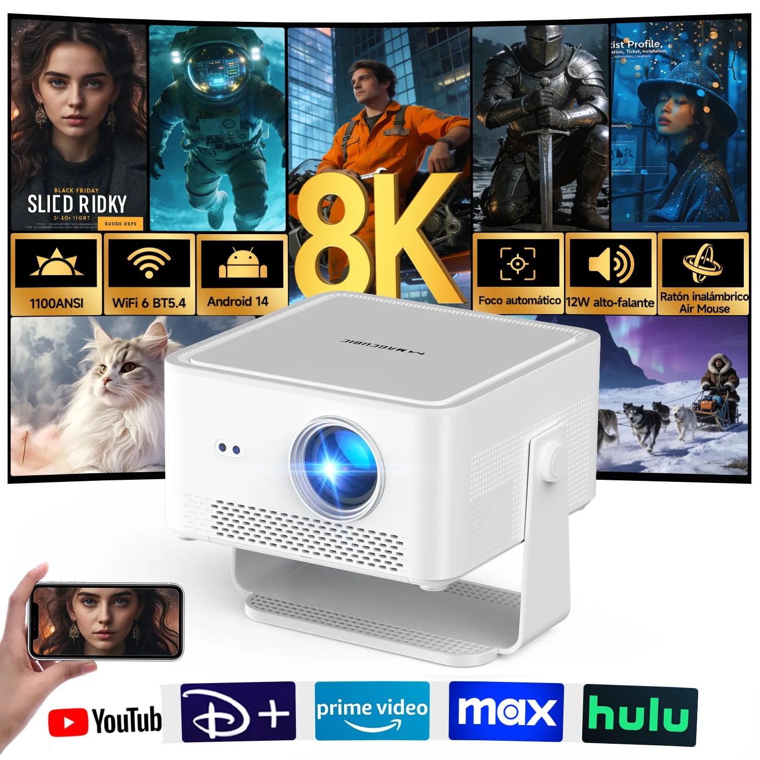 

Портативный проектор Magcubic HY450MAX на Android 14 для улицы, 1100 ANSI люмен, 1080P, автофокус, поддержка 8K, Wi-Fi 6, мини-проектор